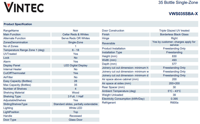 Vintec Wine Cellar  Technical Specification VWS035SBA-X