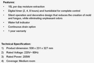 Bionaire Air Dehumidifier BD15 Technical Specification